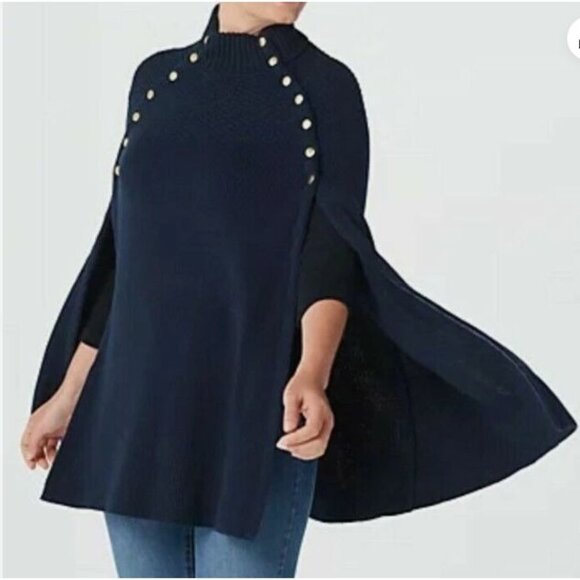 G.I.L.I. Sweaters - G.I.L.I. Got It Love It Sweater Cape Poncho Gold Button Navy Blue Knit Size XS/S